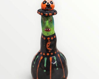 Halloween Handmade Ceramic Green Face Witch Pumpkin Hat Folk Art Sculpture
