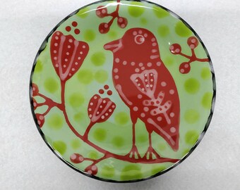 Ceramic Red Bird Mini Folk Art Plate Hand Painted by Sharon Bloom Designs