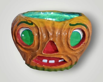 Halloween Hand Sculpted Ceramic Pumpkin Jack-O-Lantern LED Lantern by Sharon Bloom Designs OOAK