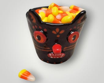 Halloween Ceramic Black Cat Candy Cup Container Sculpture Handmade Sharon Bloom Designs