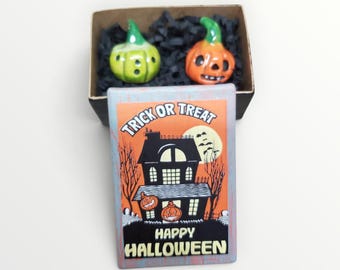 Halloween Mini Pumpkins Ceramic Sculptures Set of Two with Retro Box by Sharon Bloom Designs