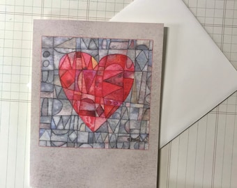 Mosaic Heart Watercolor Blank Note Card Painting by Sharon Bloom Designs