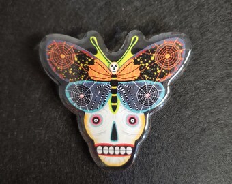 Dia De Los Muertos Skull Butterfly Fancy Domed Acrylic Pin by Sharon Bloom Designs