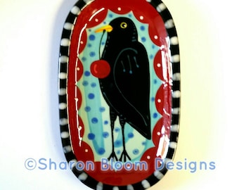 Blackbird Crow Cherry Folk Ceramic Mini Tray Hand Painted by Sharon Bloom Designs
