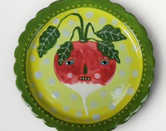 Whimsical Radish Folk Art Hand Painted Scallop Edge Ceramic Small Plate