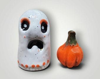 Halloween Handmade Ceramic Ghost and Pumpkin SET OF TWO Mini Sculptures