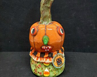 Halloween Anthropomorphic Pumpkin Jack-O-Lantern Candy Corn Green Nose Rattle Noisemaker Sculpture Handmade by Sharon Bloom Designs