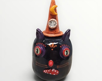 Halloween Ceramic Black Cat Witch Moon 31 Rattle Shaker Sculpture Handmade by Sharon Bloom Designs