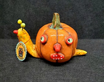 Halloween Anthropomorphic Ceramic Orange Pumpkin Snail Rattle Noisemaker Sculpture Handmade by Sharon Bloom Designs