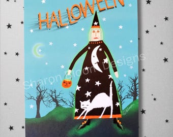 Halloween Witch  Cat  Jack-O-Lantern Pumpkin 5 x 7 Print by Sharon Bloom Designs