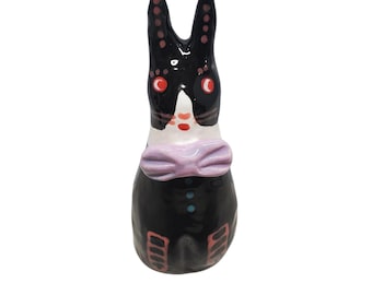 Handmade Ceramic Black and White Dutch Bunny Folk Art Sculpture with Lavender Bow Tie