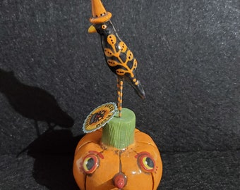 Halloween Ceramic Blackbird Crow Pumpkin Rattle Shaker Sculpture Handmade by Sharon Bloom Designs