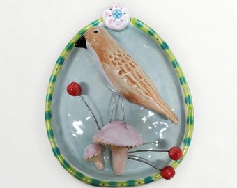 Ceramic Wall Sculpture Bird Berries Mushroom Vignette House Jewelry By Sharon Bloom Designs