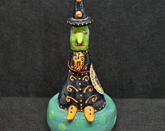 Halloween Ceramic Green Witch Sculpture Handmade by Sharon Bloom Designs