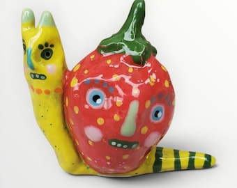 Ceramic Strawberry Snail Whimsical Sculpture-Sharon Bloom Designs