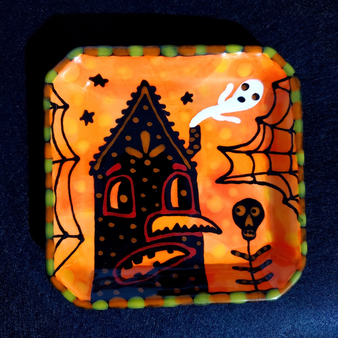 Halloween Haunted House Ghost Ceramic Square Cut Corner Dish Hand
