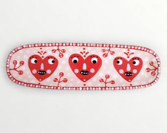 Valentine Three Heart Faces Skinny Tray Hand Painted by Sharon Bloom Designs
