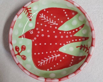 Ceramic Red Bird Folk Art Mini Dish by Sharon Bloom Designs