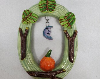 Ceramic Autumn Halloween Pumpkin Twigs Moon Leaves House Jewelry By Sharon Bloom Designs