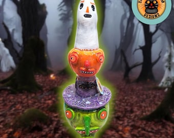 Halloween Ceramic Witch Pumpkin Jack-O-Lantern Ghost Totem Sculptural Rattle Noisemaker Signed by the Artist