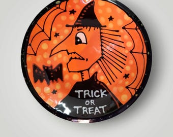 Halloween Ceramic Witch Trick or Treat Hand Painted Vintage Style Plate Food Safe - Signed and Dated