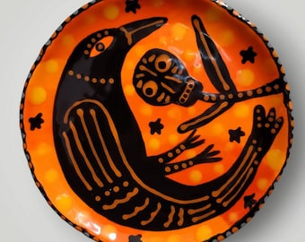 Halloween Black Crow Raven Skeleton Flower Ceramic Little Hand Painted Plate
