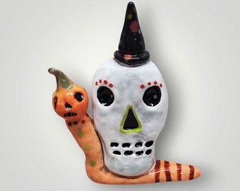 Halloween Ceramic Snail Pumpkin Skull Whimsical Sculpture-Sharon Bloom Designs