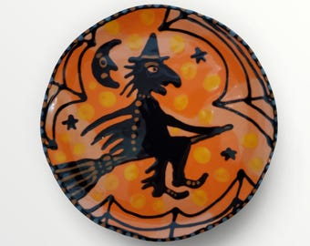 Halloween Flying Witch Moon Ceramic Little Hand Painted Plate