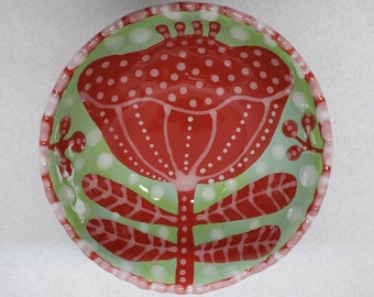 Ceramic Folk Art Red Flower Little Dapple Edge Bowl Hand Painted by Sharon Bloom Designs
