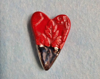 Ceramic Embossed Red Heart Brooch Pin Handmade by Sharon Bloom Designs