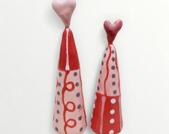 Ceramic Pink And Red Mini Heart Trees Sculptures SET OF TWO Decorations By Sharon Bloom Designs