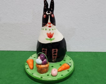 Ceramic Dutch Bunny Black and White Basket Eggs carrots Sculpture with Handmade by Sharon Bloom Designs