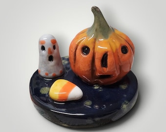 Halloween Ceramic Minature  Vignette Ghost Pumpkin Candy Corn Handmade