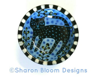 Black Cat Light Blue Mini Bowl Painted by Sharon Bloom Designs