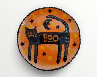 Halloween Spooky Vintage Black Cat Boo Ceramic Little Hand Painted Plate