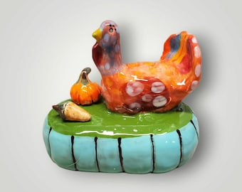 Thanksgiving Autumn  Ceramic Turkey Pumpkin Sculpture Handmade by Sharon Bloom Designs