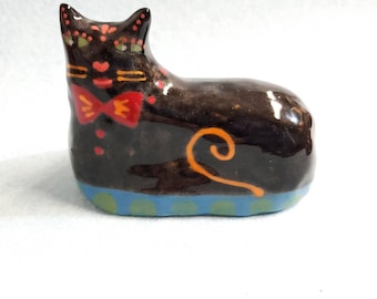 Ceramic Black Cat Folk Art Sculpture Handmade by Sharon Bloom Designs