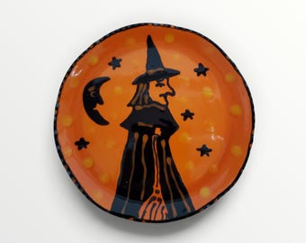 Halloween Standing Witch Broom Ceramic Little Hand Painted Plate