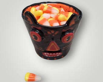 Halloween Ceramic Black Cat Candy Cup Container Sculpture Handmade Sharon Bloom Designs