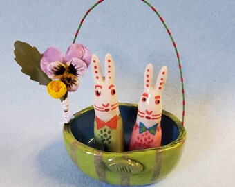 Ceramic Anthropomorphic White Bunnies w/Basket SET OF THREE Sculpture Handmade by Sharon Bloom Designs