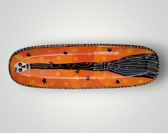 Halloween Witch Broom  Skinny Tray Hand Painted by Sharon Bloom Designs for EHAG