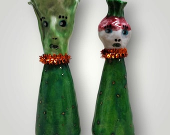 Handmade Ceramic Veggie People Lettuce and Turnip SET OF TWO Sculpturess by Sharon Bloom Designs