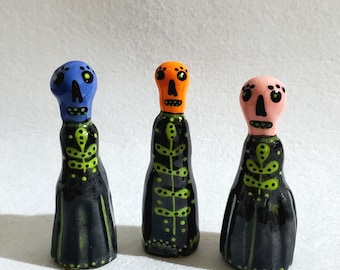 Dia De Los Muertos Skelton Ladies SET OF THREE Ceramic Pieces Handmade by Sharon Bloom Designs