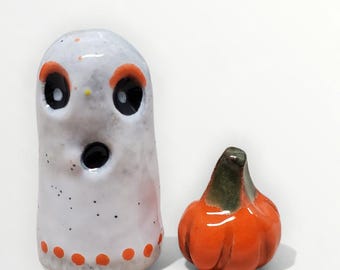 Halloween Handmade Ceramic Ghost and Pumpkin SET OF TWO Mini Sculptures