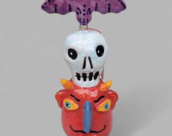 Halloween Ceramic Devil Skull Bat Totem Sculptural Rattle Noisemaker Signed by the Artist