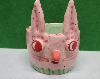 Ceramic Speckled Pink Bunny Candy Cup Container Sculpture Spring Easter Handmade Sharon Bloom Designs