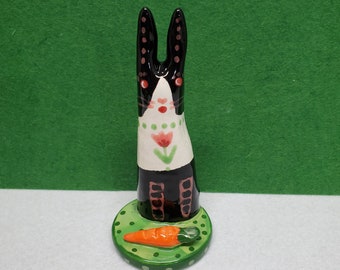 Ceramic Dutch Bunny Black and White with Carrot Sculpture Handmade by Sharon Bloom Designs