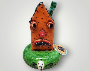 Handmade Haunted House Sculpture with Moon Motif and Skull Accent - Halloween Ceramic Collectible