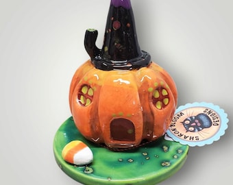 Handmade Ceramic Pumpkin Witch Cottage-Whimsical Autumn Decoration