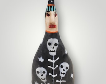 Halloween Ceramic Folk Art Witch Skeleton Flowers OOAK Original Sculpture by Sharon Bloom Designs for EHAG